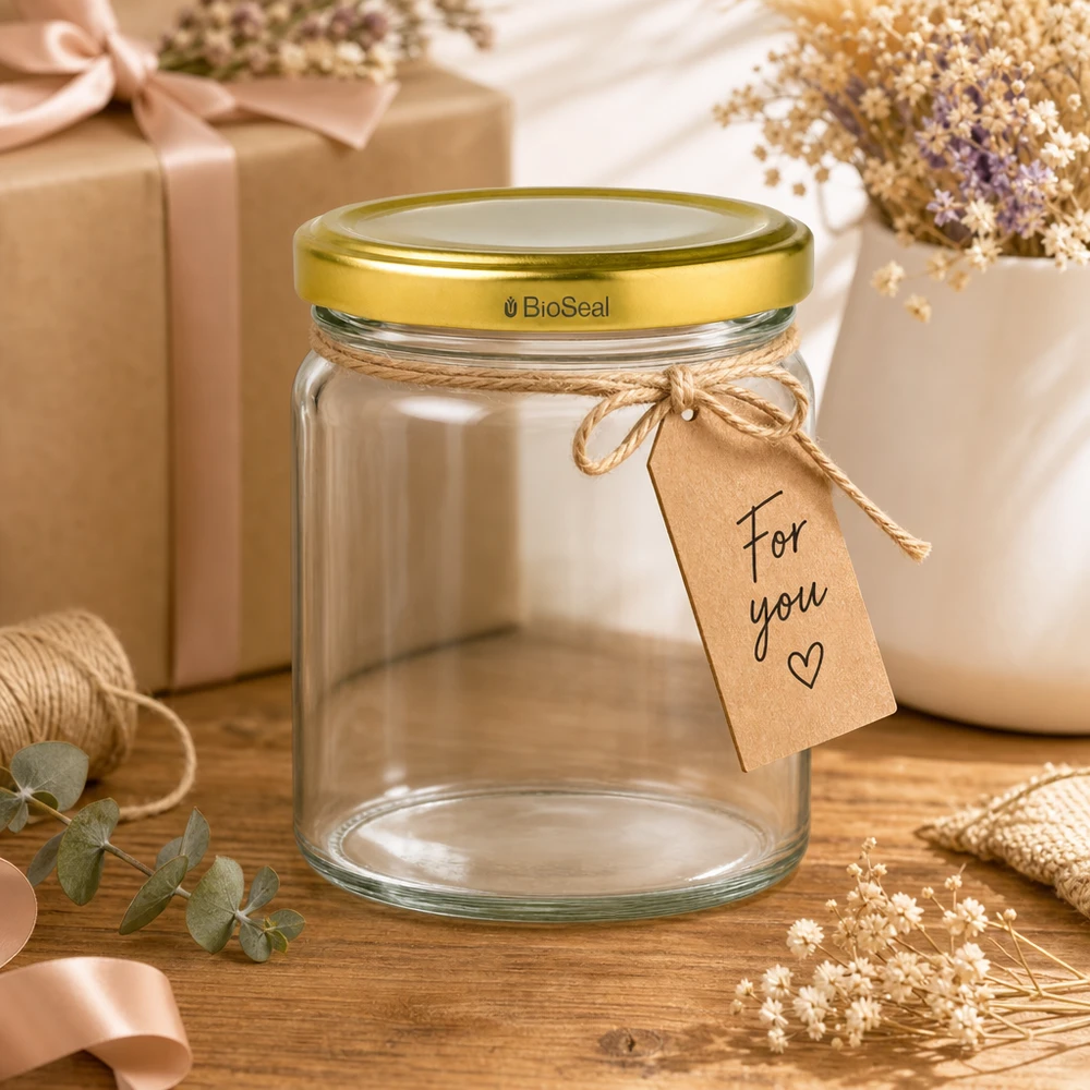 408ml Verre rond avec couvercle BioSeal or UNiTWIST UNiTWIST Runda408 Bocal à provisions avec couvercle TO82 BioSeal doré en cadeau avec ruban et étiquette cadeau