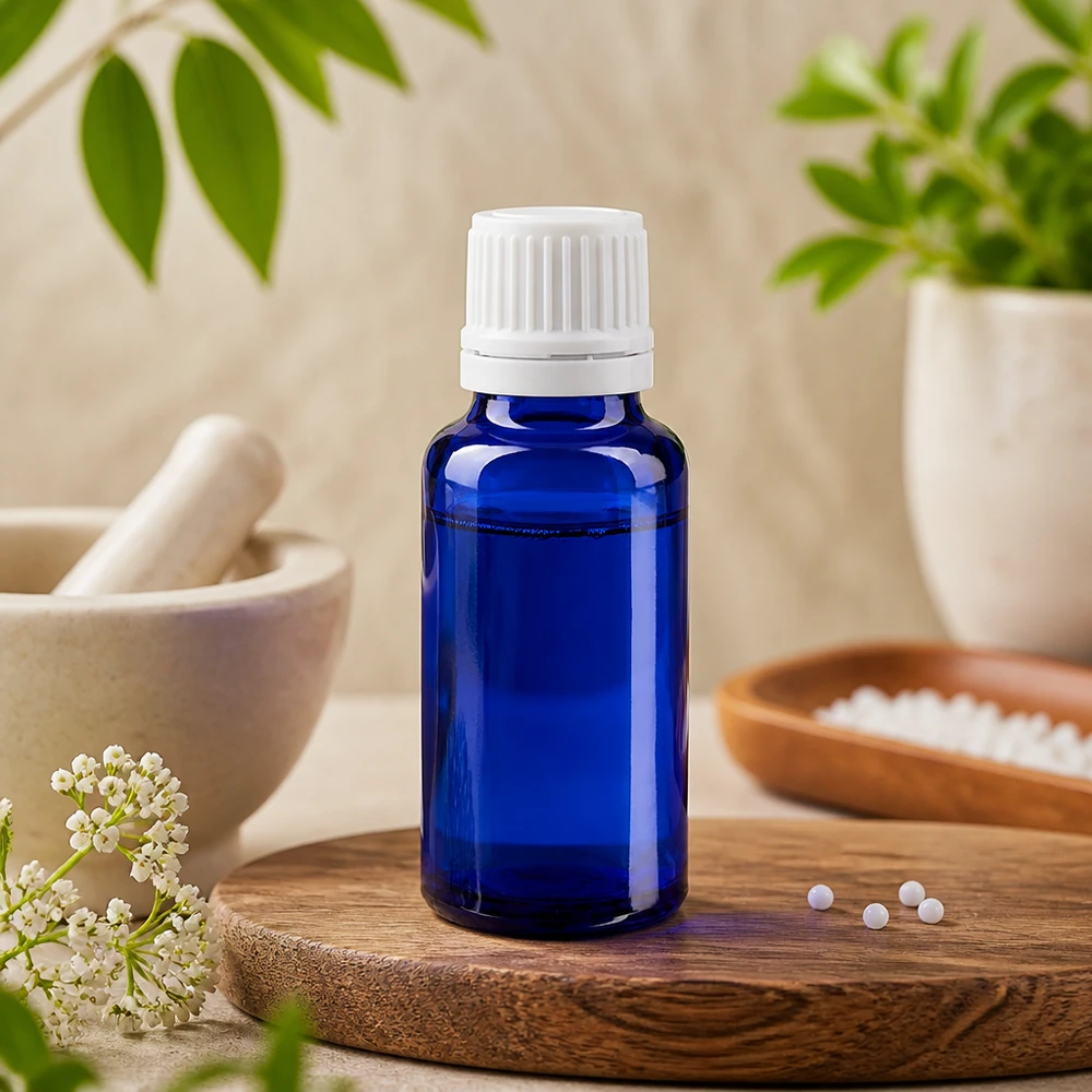Flacon à pharmacie bleu 20ml bouchon à vis blanc bouchon d'originalité Flacon en verre bleu de 20 ml muni d'un bouchon OV blanc, entouré de plantes médicinales et d'un mortier pour la médecine naturelle