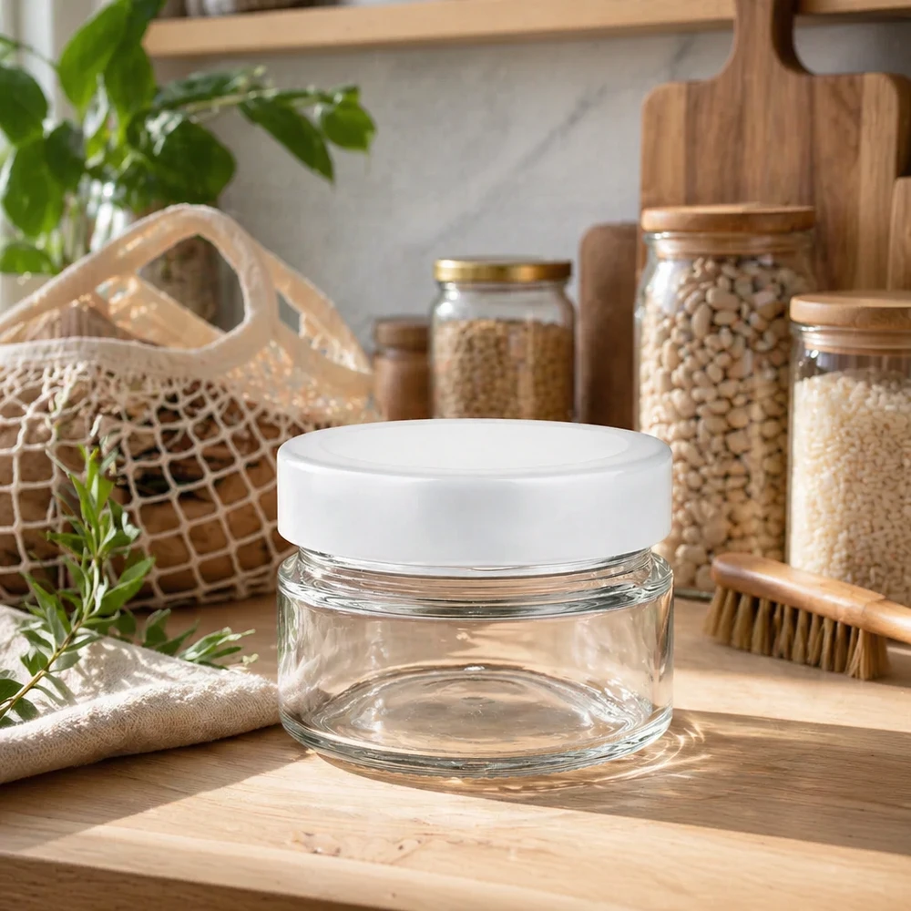 80ml Verre rond avec couvercle BasicSeal blanc UNiTWIST 80ml Rundglas mit BasicSeal Deckel auf Holzbrett in nachhaltiger Zero-Waste-Küche mit Vorratsglasern