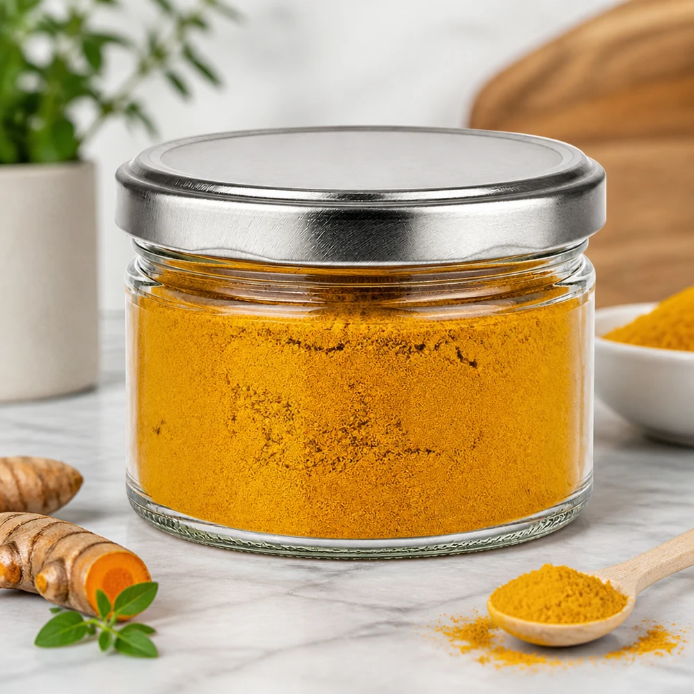 Bocal rond de 540 ml avec couvercle argenté rempli de poudre de curcuma, conservation des épices avec des racines de curcuma fraîches