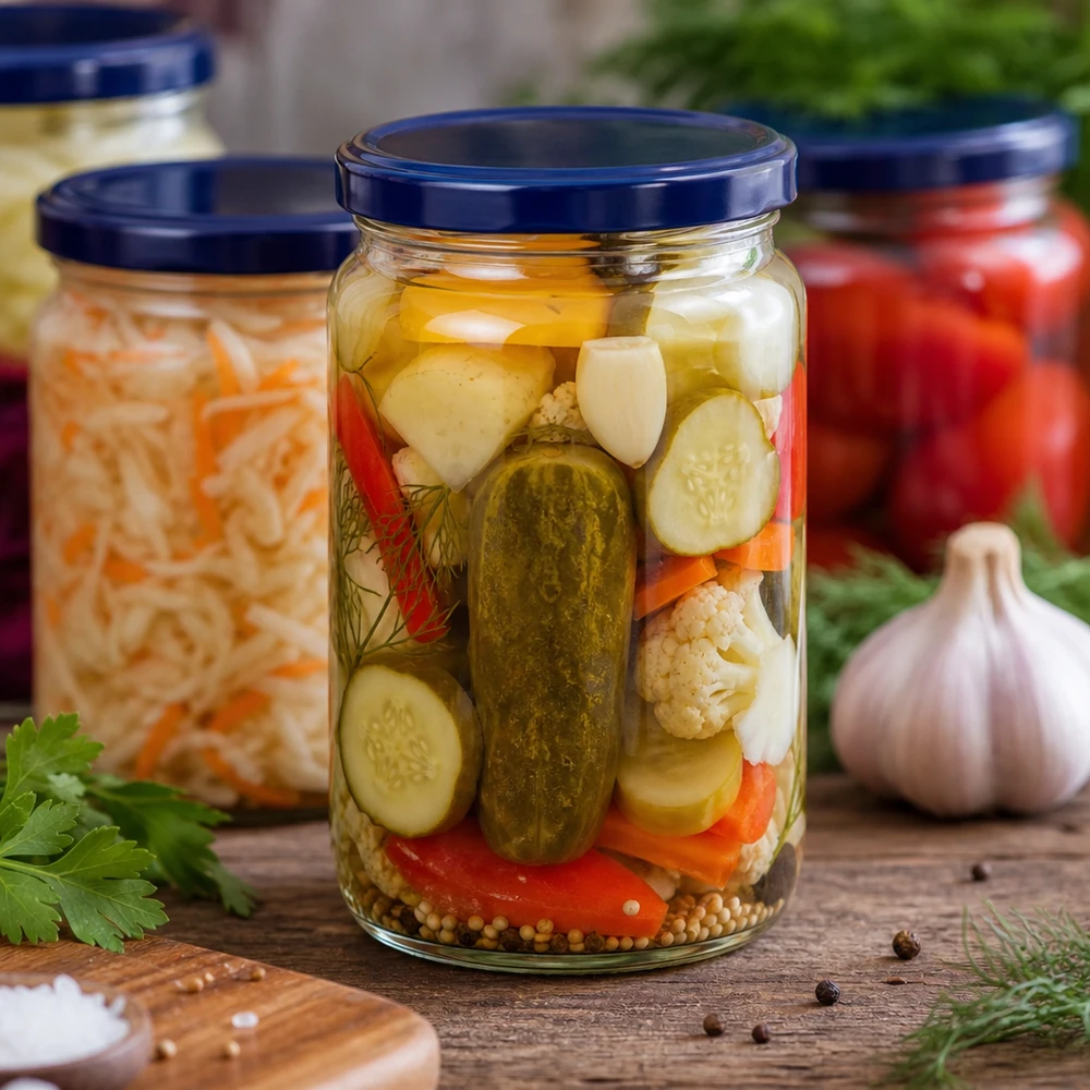 795ml Verre rond avec couvercle BasicSeal bleu UNiTWIST 795ml Rundglas mit blauem UNiTWIST Deckel gefüllt mit eingelegtem Mischgemüse Gurken und Gewürzen für Fermentation