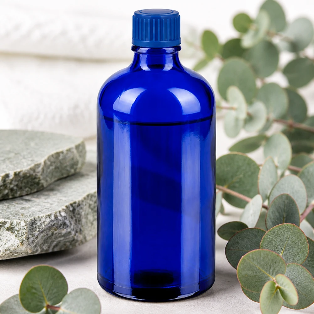 Flacon de 100ml 11mm SV bleu STD BlueLine UT18/100 Elégant flacon en verre bleu cobalt 100ml pour produits cosmétiques naturels et de bien-être haut de gamme