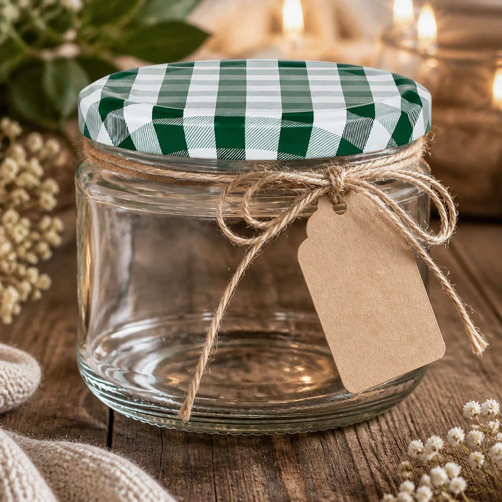 Verre rond de 330 ml avec couvercle BasicSeal à carreaux verts et blancs comme emballage cadeau avec corde de jute et pendentif