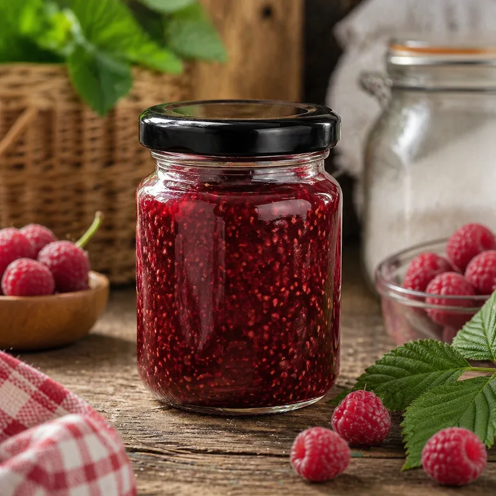 53ml pot rond couvercle noir rempli de confiture de framboise cuisine rustique baies fraîches pot à confiture