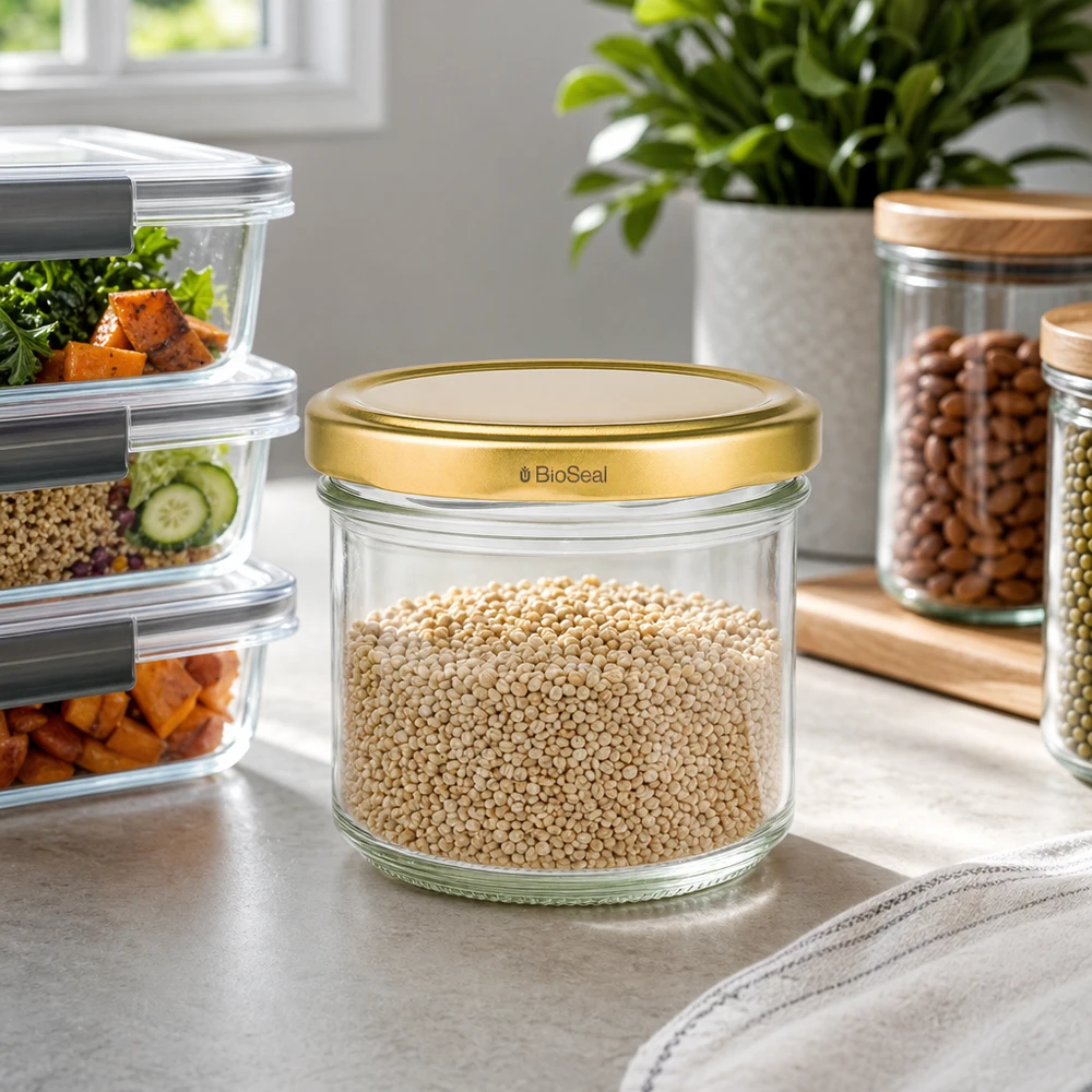 UNiTWIST Pot de réserve de 125ml rempli de quinoa - couvercle TO66 doré dans la cuisine moderne avec Meal-Prep-Boxes