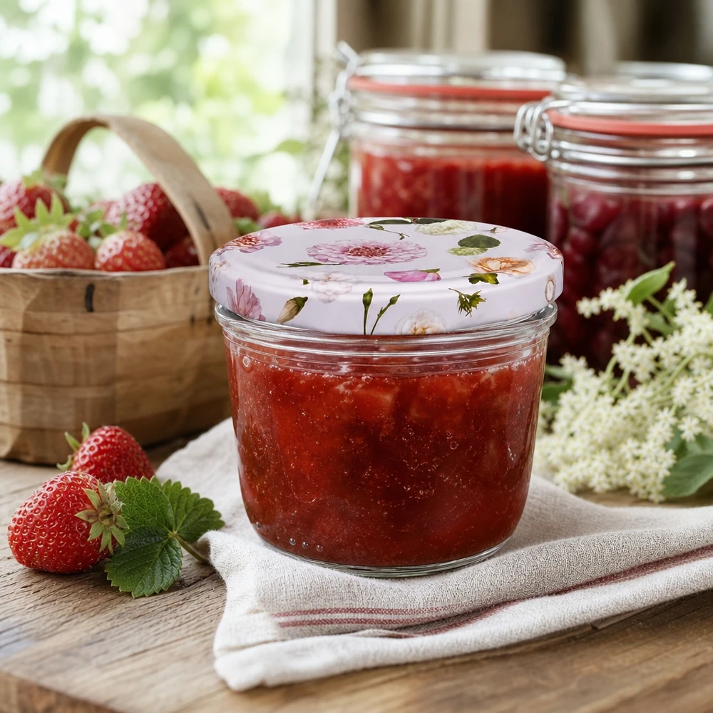 Verres 230 ml + couvercle BasicSeal rose... Confiture de fraises en pot renversé de 230ml BasicSeal couvercle rose motif floral confiture maison fraises fraîches