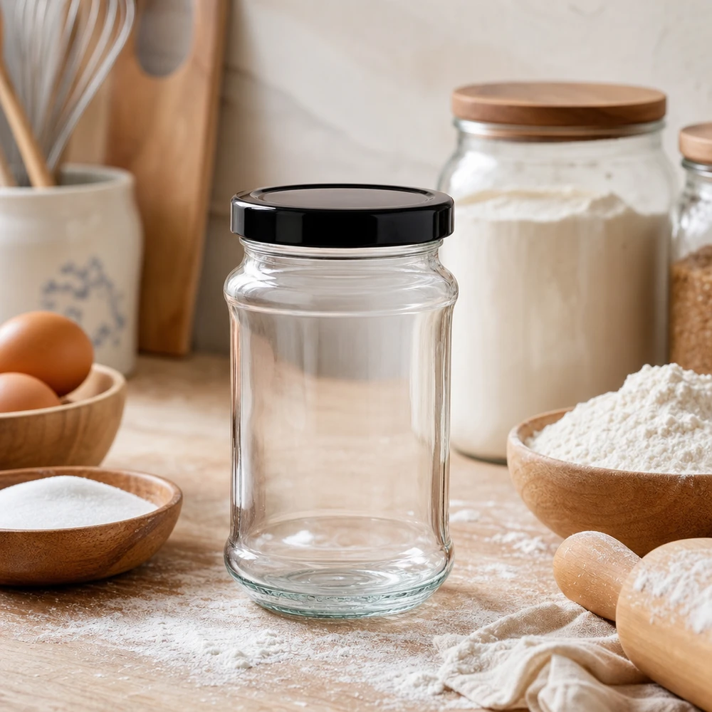 Bocal rond de 390 ml avec couvercle noir BasicSeal dans la cuisine avec des ingrédients de boulangerie - bocal de stockage polyvalent pour la farine et Co