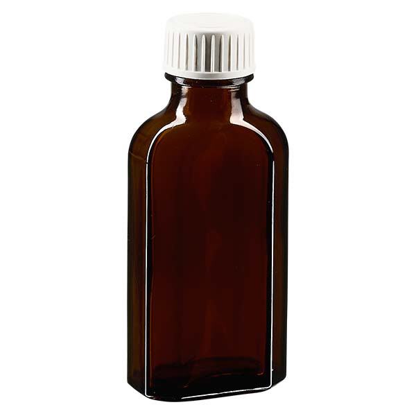Flasque brune de 50 ml au goulot DIN 22, avec bouchon à vis DIN 22 blanc en PP et joint mousse en PE Flasque brune de 50 ml au goulot DIN 22, avec bouchon à vis DIN 22 blanc en PP et joint mousse en PE