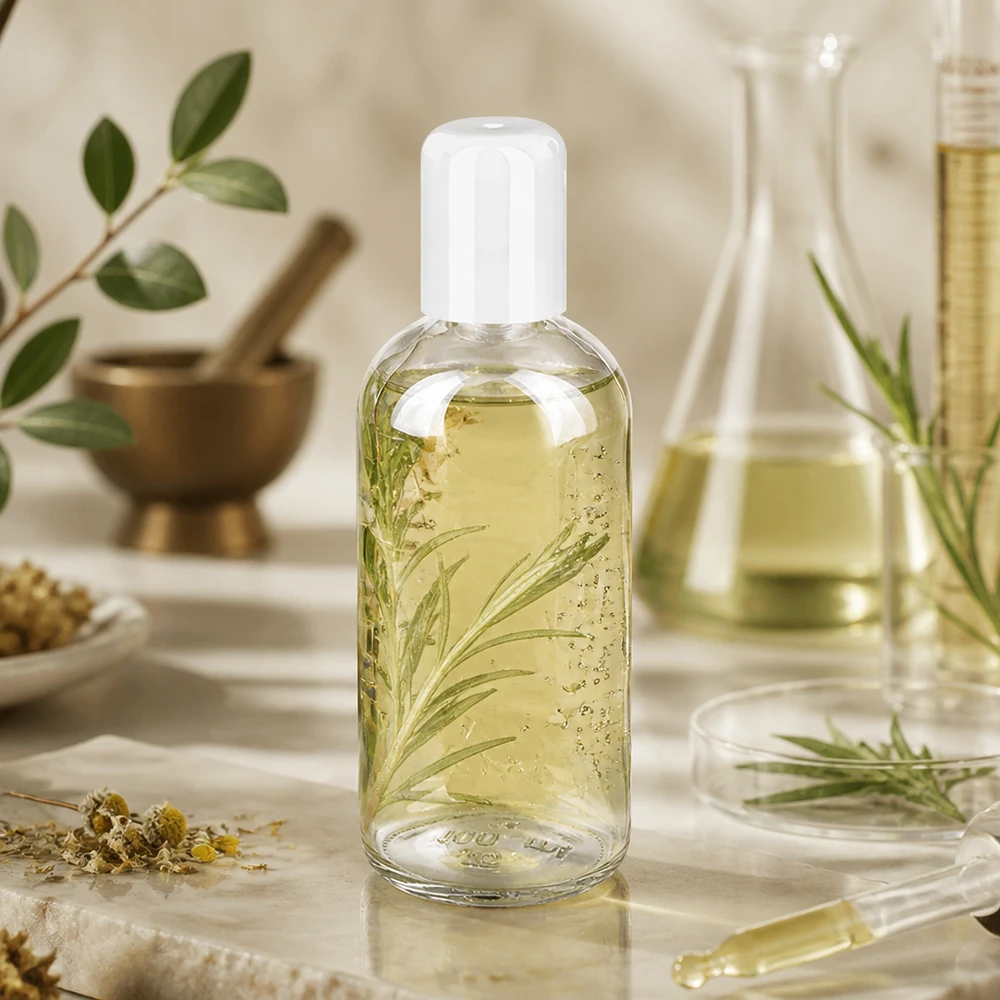 Flacon roll-on de 100 ml contenant des brins de romarin et un extrait d'herbes, présenté dans un récipient en PET transparent