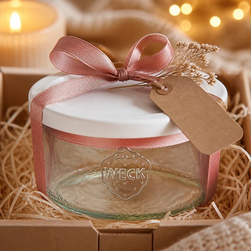 WECK 165ml verre renversé RR80 comme cadeau décoré avec un ruban rose et un pendentif en papier kraft dans un emballage rustique