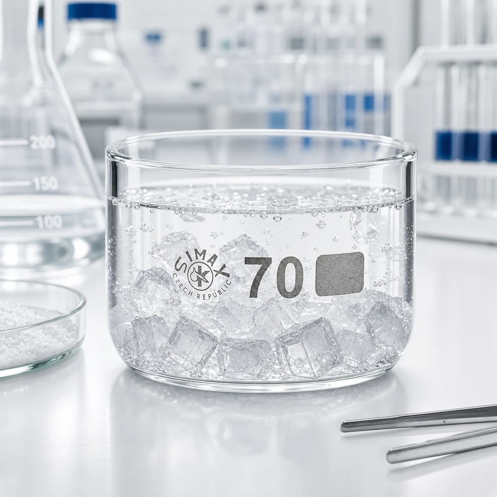 Bol de cristallisation de laboratoire transparent de 70 mm de diamètre, contenant de l'eau claire et des glaçons