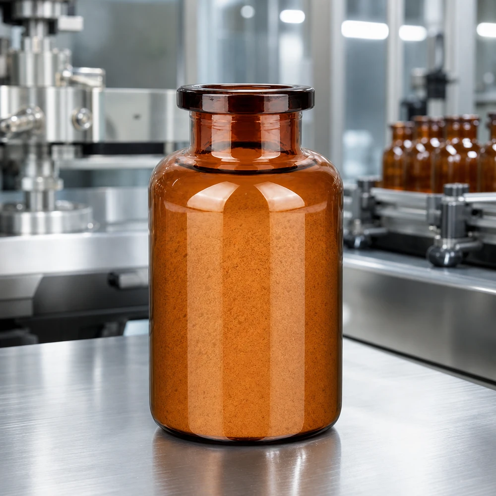 Flacon pour solution injectable, 20 ml en verre ambré Zylindrische Injektionsflasche 20ml Braunglas gefüllt mit orangem Lyophilisat