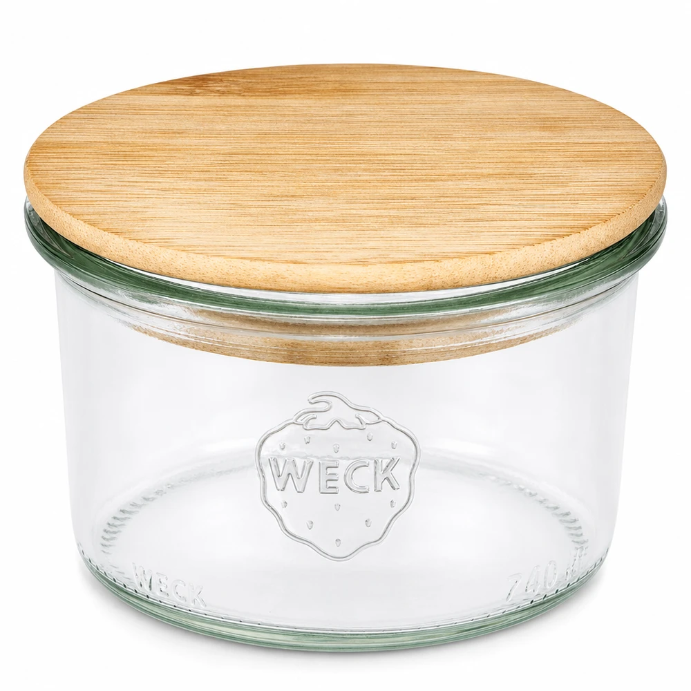WECK Pot de 200ml RR80 avec couvercle en bois de bambou Pot de conservation transparent rond pour la cuisine et les provisions