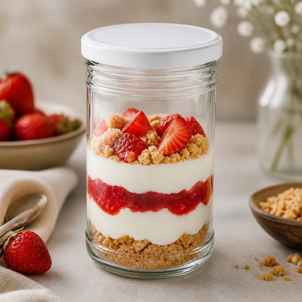 1053ml Verre renversé comme verre à dessert avec stratification de fraises et de crème BasicSeal Couvercle blanc Dessert en verre