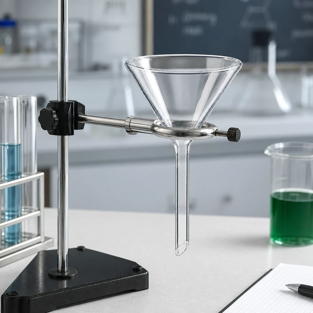 Entonnoir Ø 60mm - verre sodocalcique - angle 60° Entonnoir de laboratoire en verre sodo-calcique robuste avec manche court compact pour un rangement peu encombrant