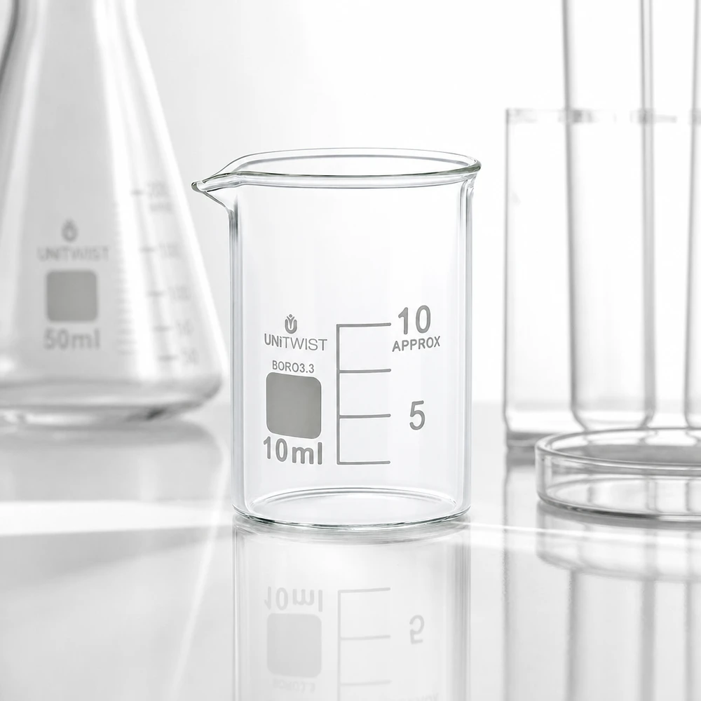 Bécher 10ml borosilicate, forme basse UNiTWIST Verrerie de chimie : bécher de 10 ml de forme basse avec zone d'étiquetage grise pour échantillons de laboratoire