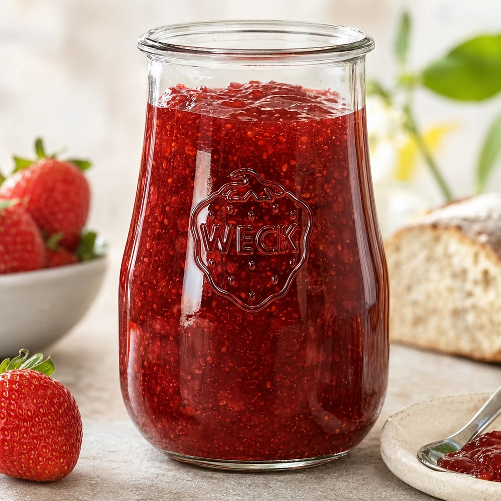 WECK Pot tulipe 1750ml RR100 rempli de confiture de fraise maison montre l'utilisation comme pot de confiture dans la cuisine