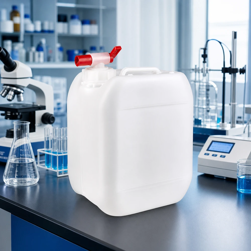 Jerrican de 5 litres avec robinet Bidon en plastique de 5 litres, adapté au contact alimentaire, muni d'un robinet verseur, destiné à un environnement de laboratoire professionnel