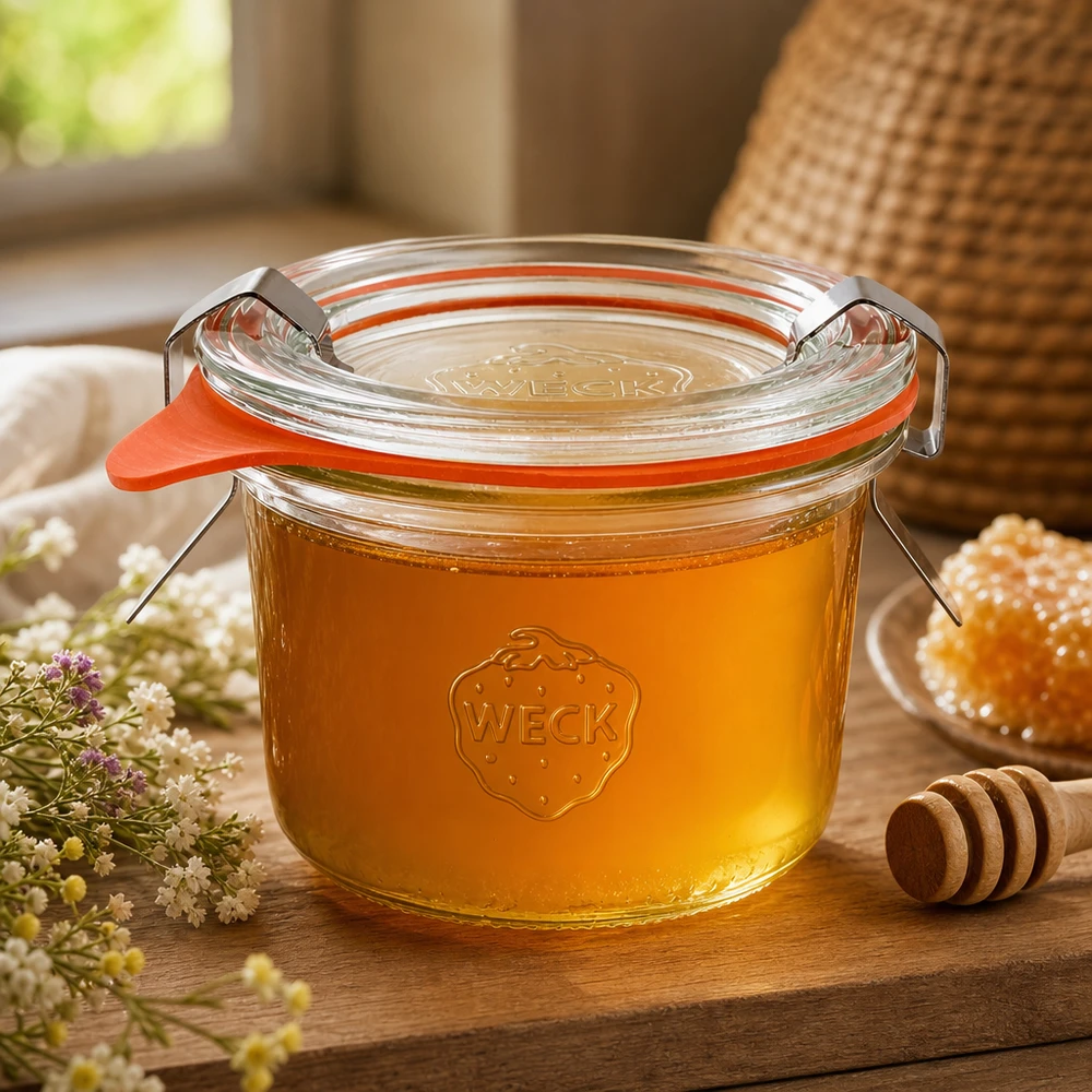 WECK Pot renversé 80ml RR60 rempli de miel et cuillère à miel montre le stockage naturel de produits liquides
