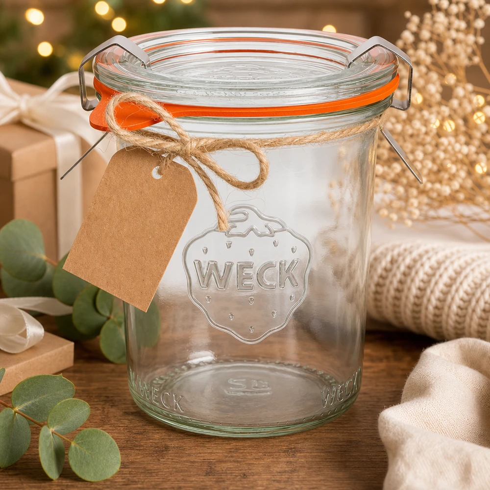 WECK Verre renversé 160ml RR60 comme idée de cadeau décorée pour Noël avec pendentif en papier kraft et ruban de jute
