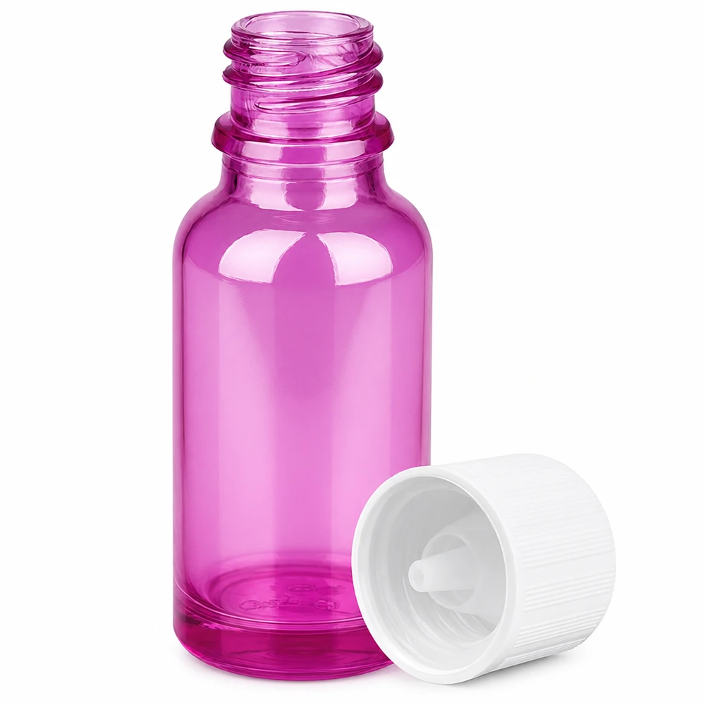 Flacon compte-gouttes 20ml 1.2mm blanc standard sécurité enfant PurpleLine.UT18/20 Bouteille en verre Premium Purple avec filetage STD pour une conservation sûre des liquides