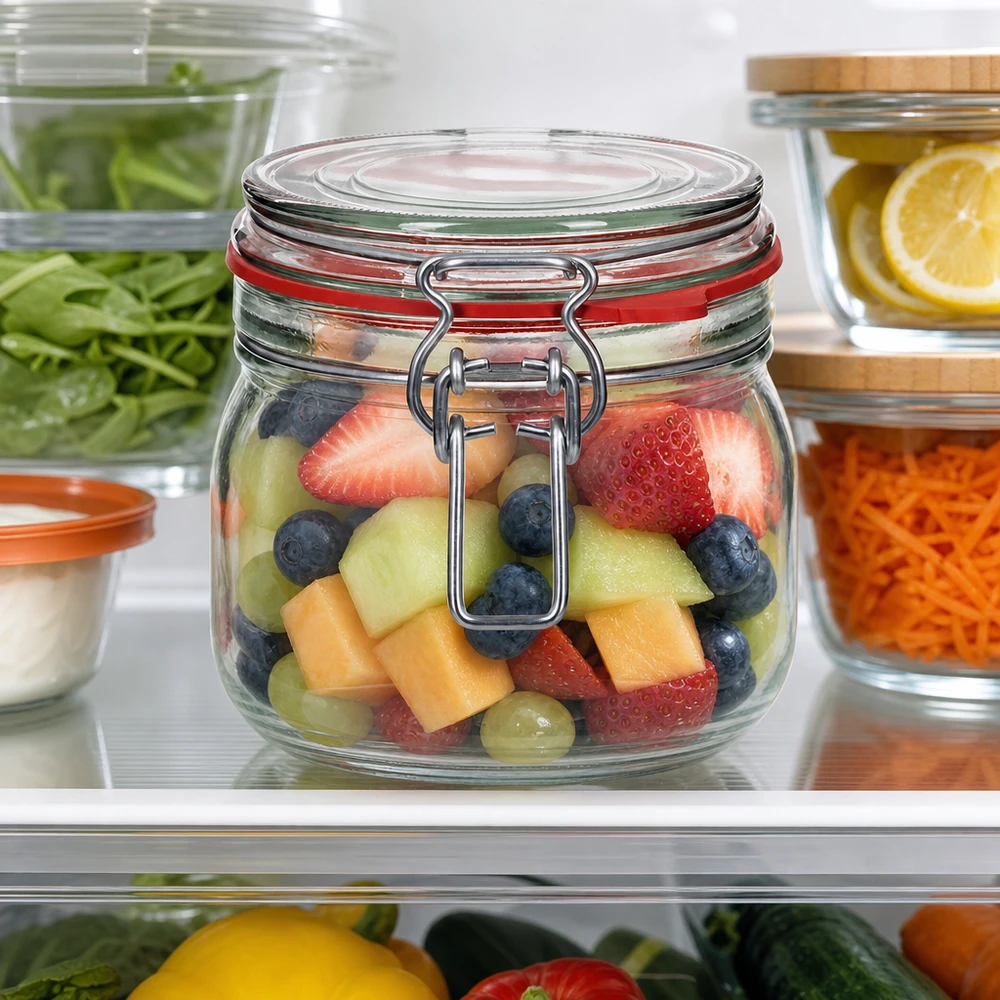 Bocal de conservation de 634 ml, type G, avec bouchon à clip UN.. Grand bocal de 634 ml avec fermeture à étrier, parfait pour les salades de fruits et les fruits frais.