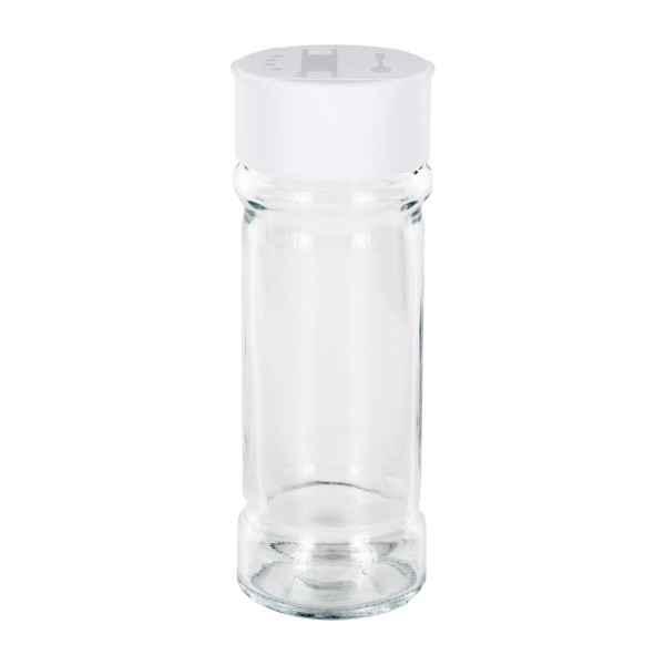 Pot à épices de forme cylindrique 100 ml avec filetage 41 mm, en verre clair avec couvercle saupoudreur dévissable, blanc