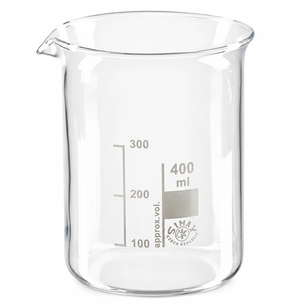 Bécher 400ml en verre borosilicate résistant à la chaleur (forme basse) Verre de laboratoire précis de 400 ml en verre borosilicaté résistant à la chaleur avec échelle graduée en millilitres