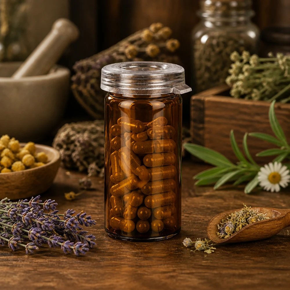 Pot à comprimés 5 ml en verre clair, avec bouchon à déclic Flacon transparent pour comprimés de 5 ml avec bouchon à encliqueter, entouré de lavande, de camomille et d'herbes aromatiques