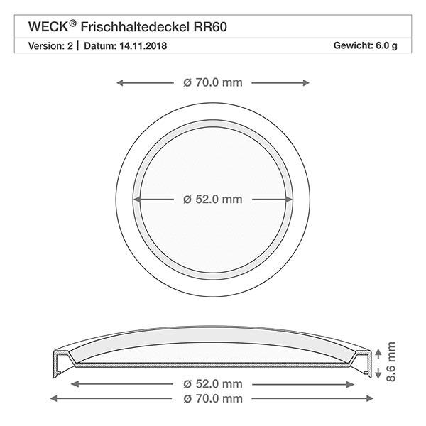 Couvercle fraîcheur WECK RR60 Dessin technique WECK Couvercle pour produits frais RR60 avec dimensions 70mm diamètre extérieur 52mm diamètre intérieur