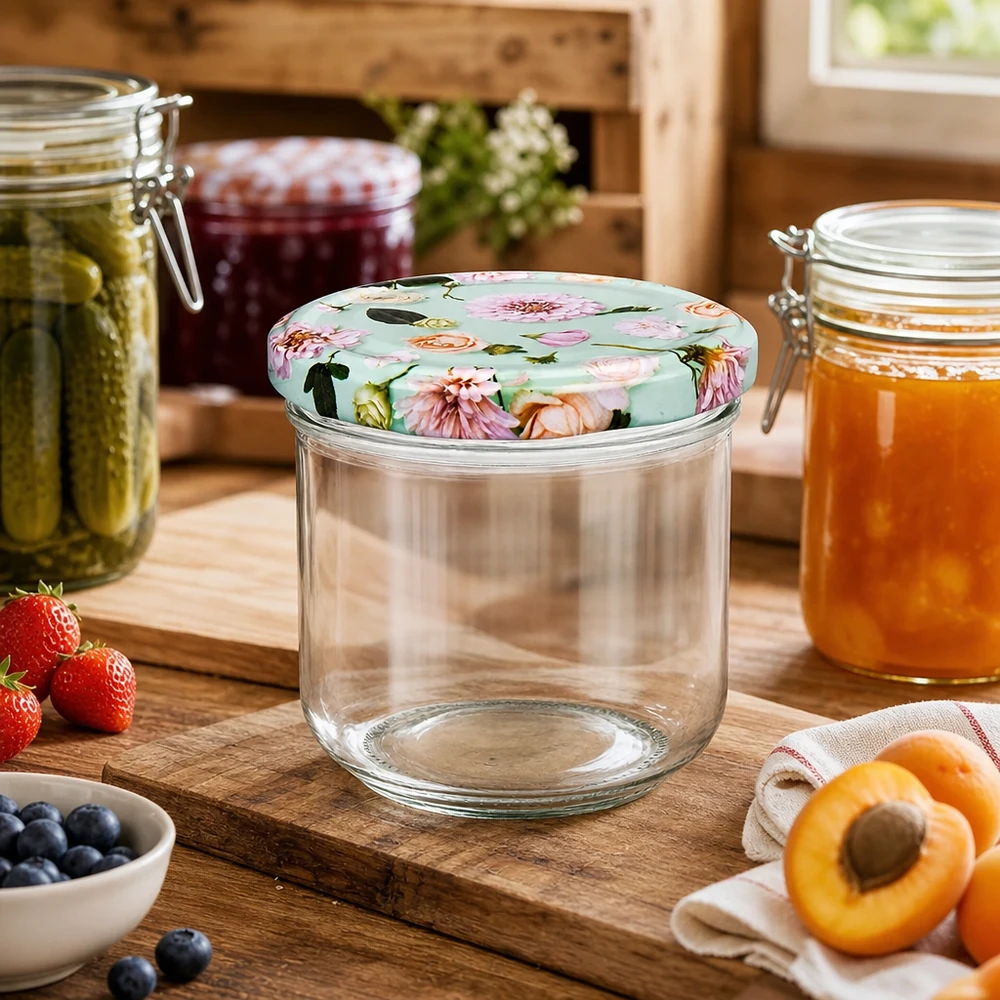 260ml bocal vide avec couvercle à fleurs BasicSeal menthe entre les bocaux dans une cuisine rustique avec des fruits frais