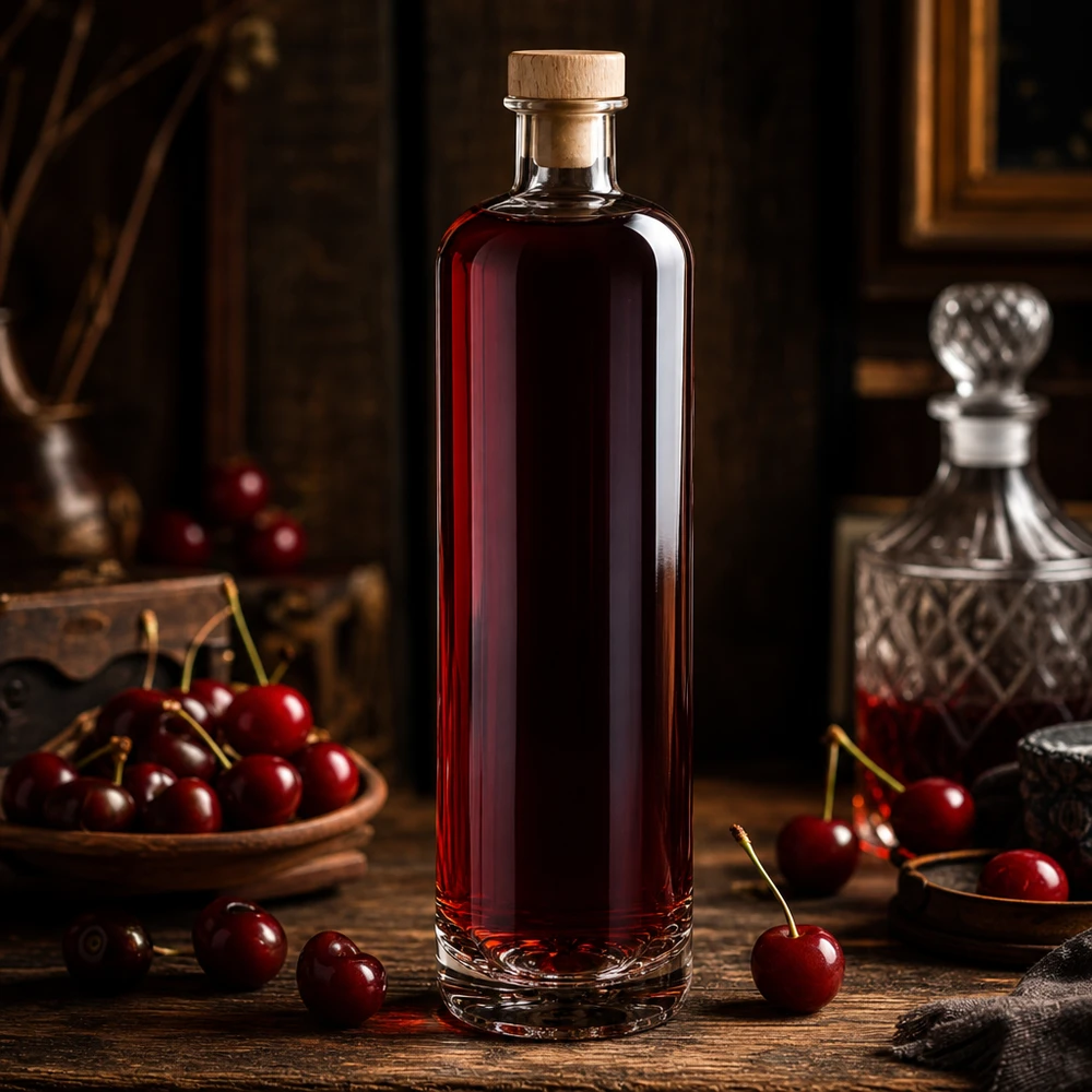 Bouteille en verre 700 ml « Ella » avec bouchon en bois UNiTWIST® Bouteille en verre Ella de 700 ml remplie de liqueur de cerise avec bouchon en bois dans une atmosphère élégante de distillerie avec des cerises fraîches