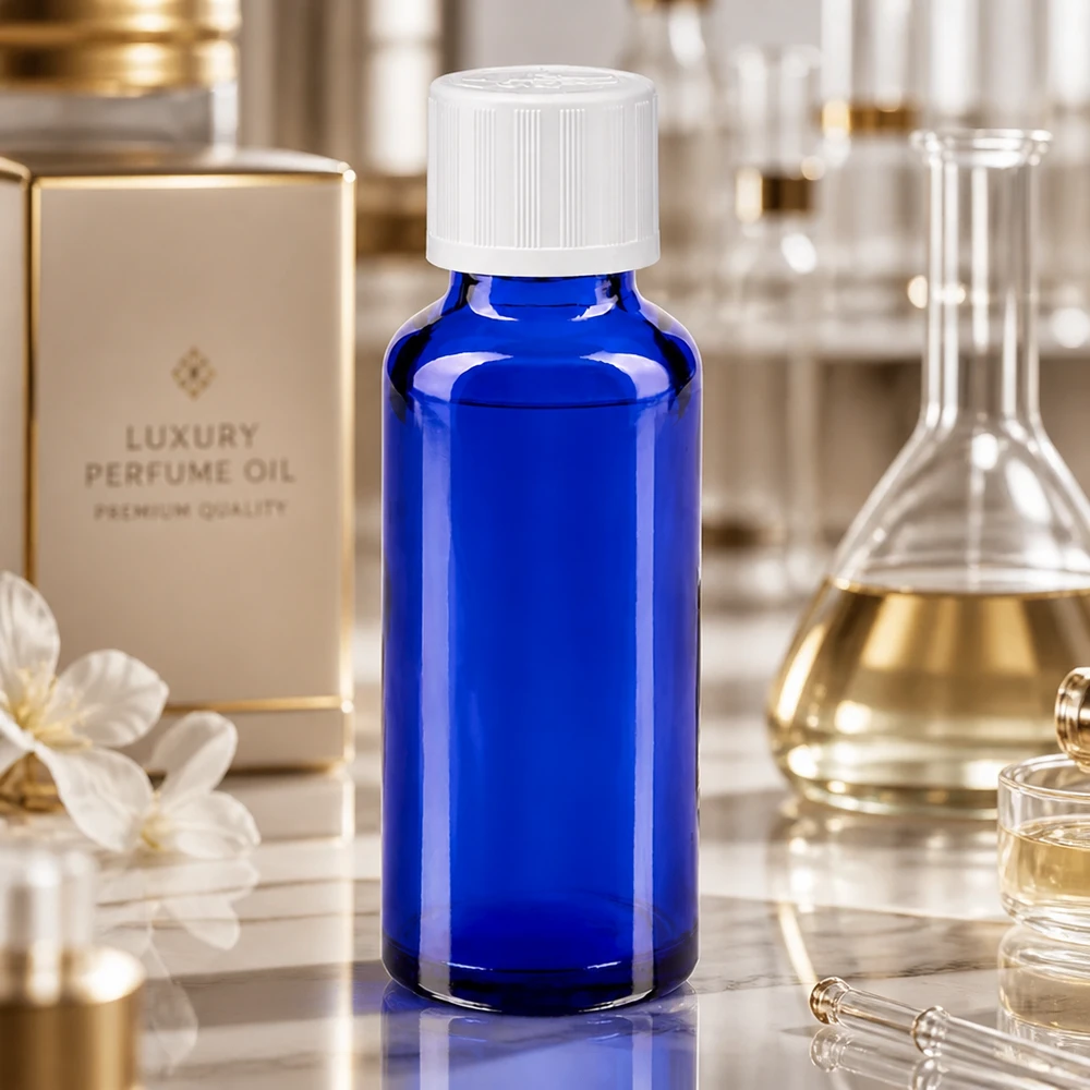 Flacon bleu d'huile parfumée de 30 ml avec bouchon à vis blanc inviolable, posé sur du marbre