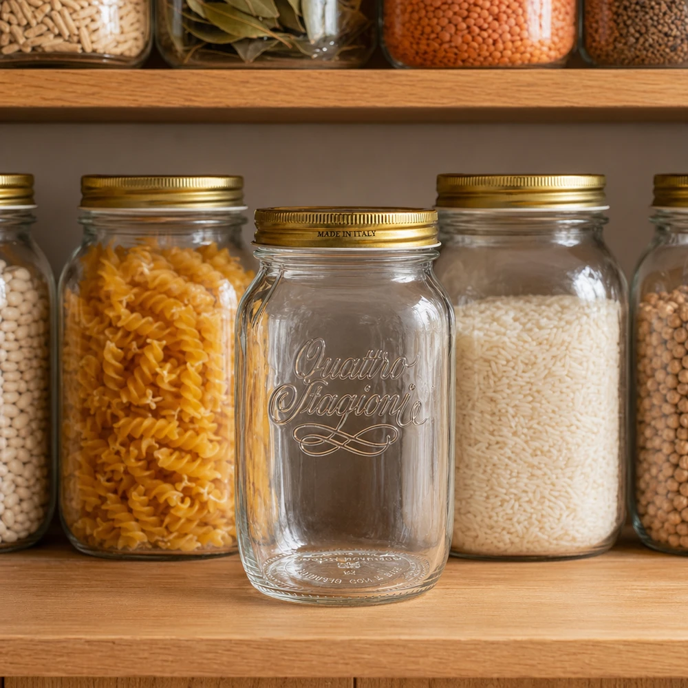 1000ml Quattro Stagioni Bocal en verre dans le placard de la cuisine entre les bocaux à provisions remplis de pâtes, de riz et de légumes secs.