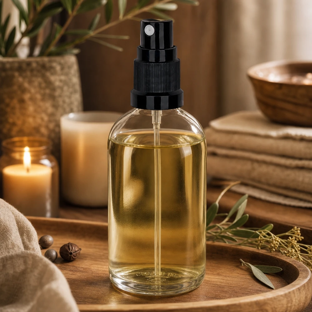 Flacon vaporisateur d'aromathérapie en verre de 100 ml avec huile dorée et vaporisateur noir – Ambiance bien-être