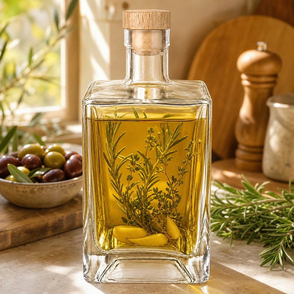 Bouteille en verre 700 ml « Ben » avec bouchon en bois UNiTWIST® Bouteille en verre Ben de 700ml remplie d'huile d'olive herbes cuisine méditerranéenne branche de romarin olives bouchon en bois UNiTWIST