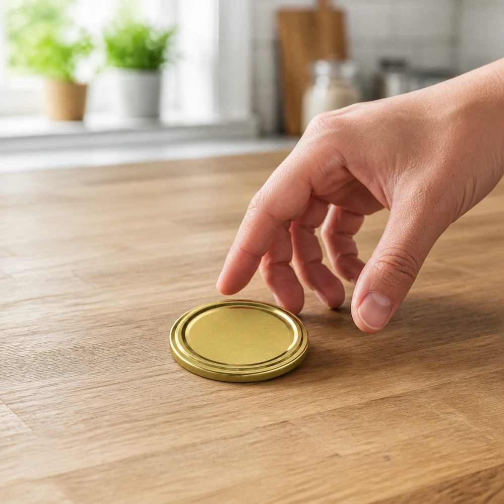 Couvercle de conserve UNiTWIST TO70 doré avec joint BioSeal ; une main s'approche du plan de travail de la cuisine