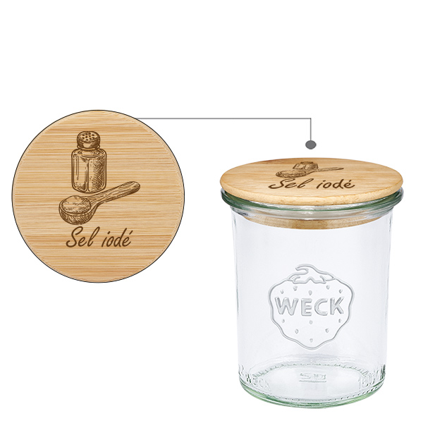 Couvercle en bois « Sel iodé » avec verrine WECK 160 ml Couvercle en bois « Sel iodé » avec verrine WECK 160 ml