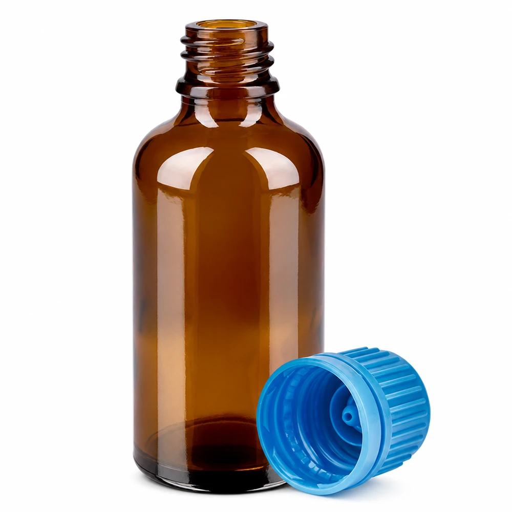 Flacon 50ml 11mm SV bleu OV BrownLine UT18/50 Flacon compte-gouttes compact de 50 ml en verre brun avec bouchon bleu à l'épreuve des enfants