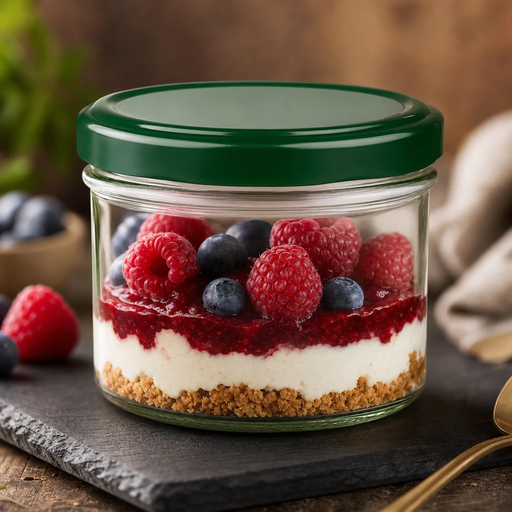 Dessert en pot cylindrique de 230 ml avec couvercle vert BasicSeal - parfait pour les desserts en couches et les friandises sucrées