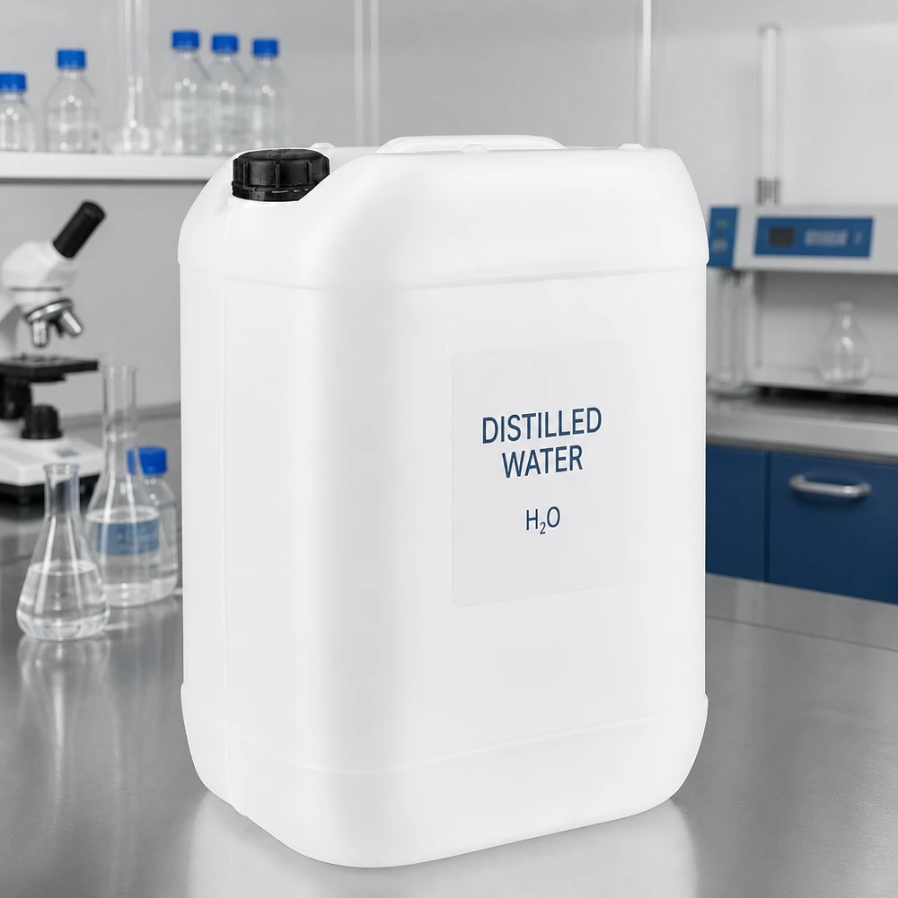 Bidon rectangulaire en plastique de 25 litres avec bouchon à vis noir, utilisé en laboratoire