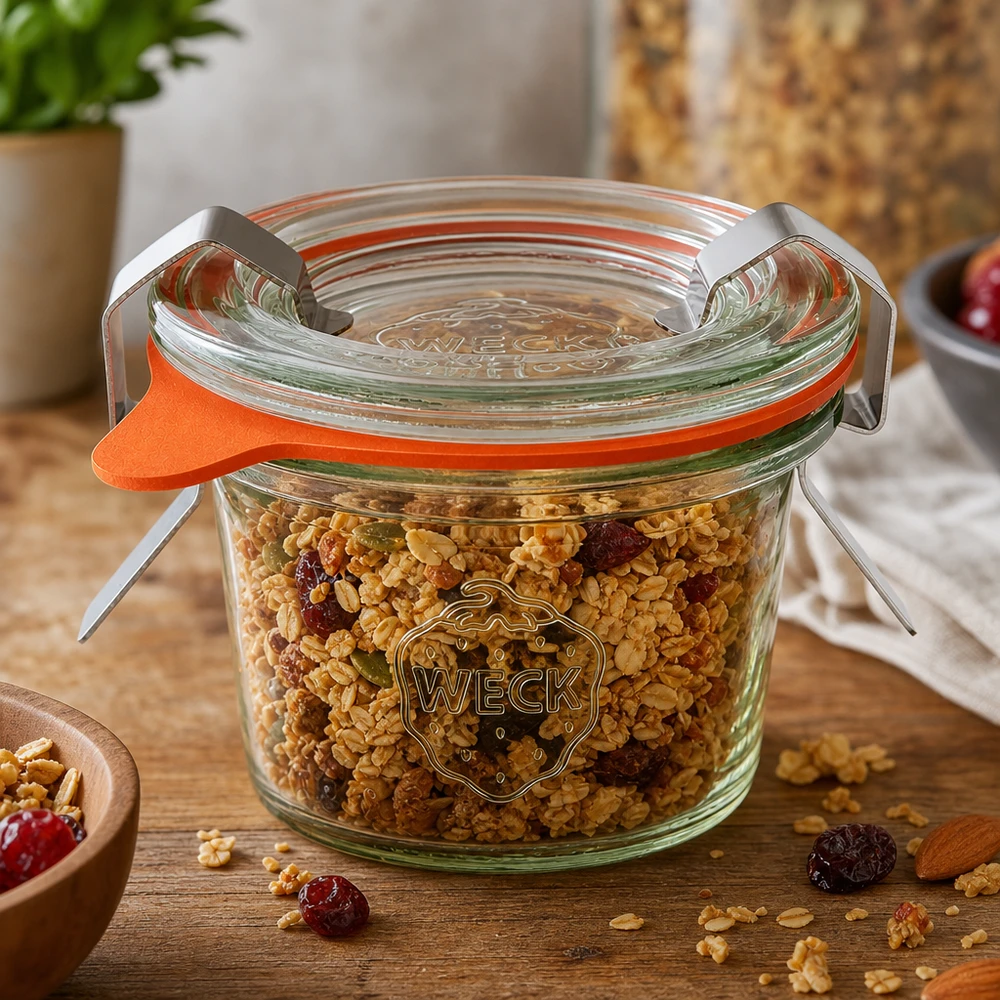 35ml bocal conique complet WECK RR40 WECK Pot renversé 35ml RR40 rempli de céréales et de fruits secs montre une utilisation polyvalente comme pot de stockage