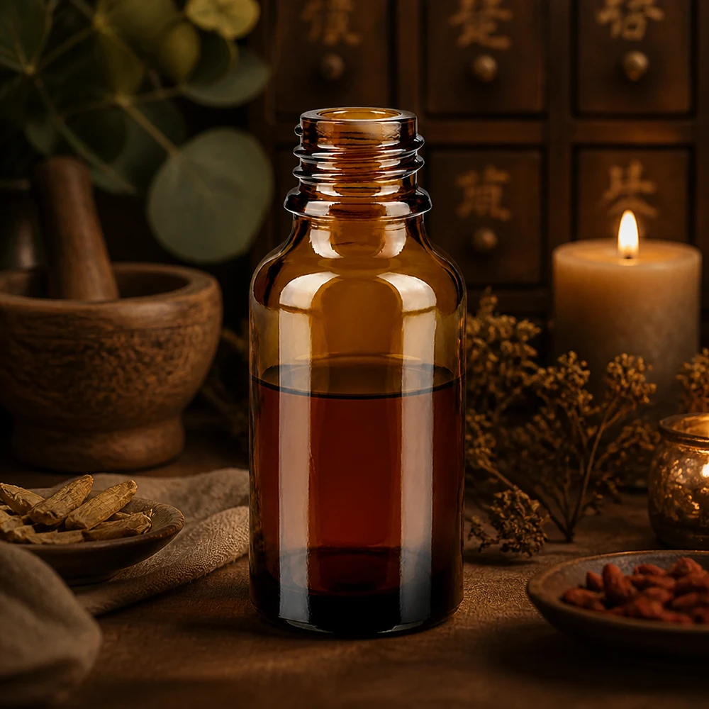 Bouteille de pharmacie brune de 30 ml ApoGlas avec teinture rouge dans une pharmacie d'herbes rustique avec mortier et épices