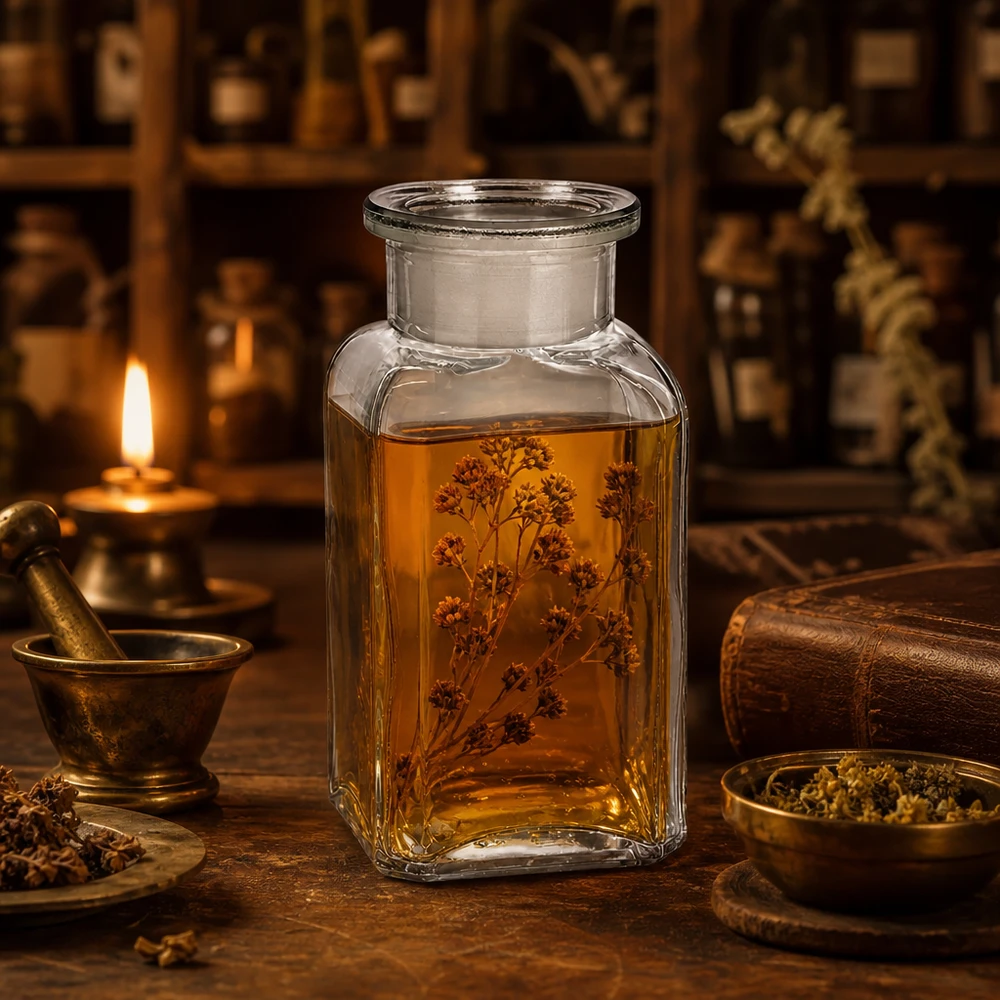 Flacon carré col large 100 ml + bouchon RIN, verre clair Flacon carré transparent de 100 ml à col large pour la médecine naturelle, l'homéopathie et l'aromathérapie
