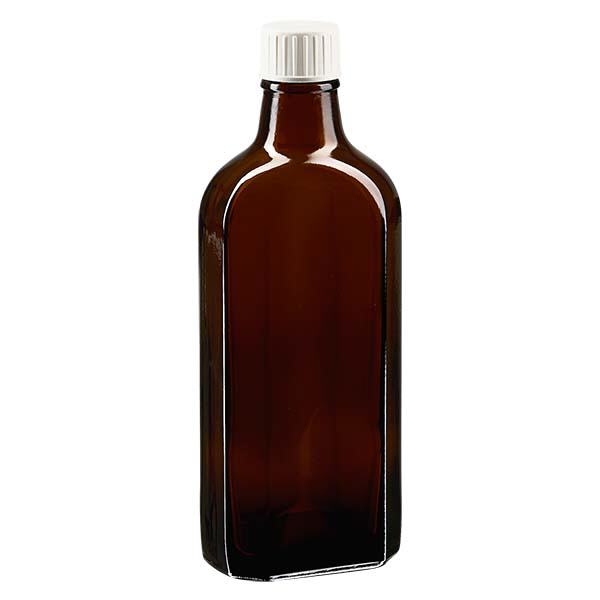 Flasque brune de 200 ml au goulot DIN 22, avec bouchon à vis DIN 22 blanc et bague anti-gouttes Flasque brune de 200 ml au goulot DIN 22, avec bouchon à vis DIN 22 blanc et bague anti-gouttes