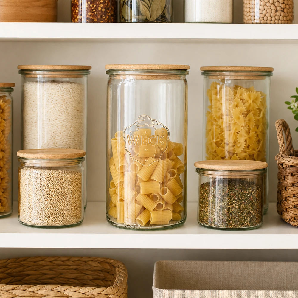 1590ml bocal cylindrique WECK RR100 avec couvercle en bois WECK Pot cylindrique 1590ml RR100 avec couvercle en bois comme organisation de cuisine pour pâtes riz épices dans l'armoire à provisions