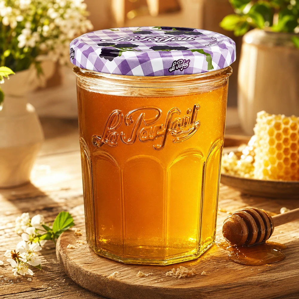 Le Parfait® Jam 385 ml Ø82 mm pot confiture Le Parfait Verre renversé 385ml rempli de miel à côté d'alvéoles et cuillère à miel sur planche en bois dans une atmosphère chaleureuse