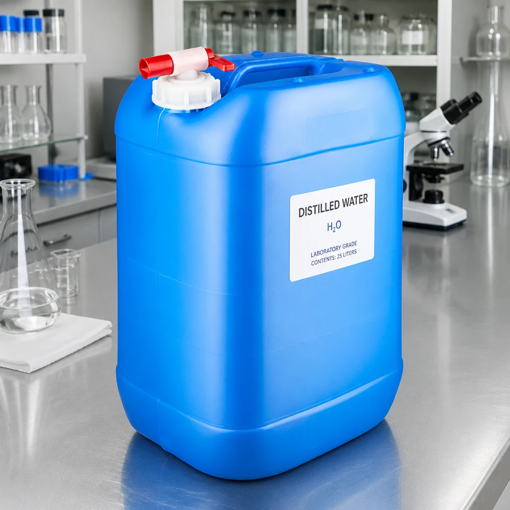 Grand récipient bleu de 25 litres pour liquides, muni d'un robinet, posé sur une surface en acier inoxydable dans un laboratoire