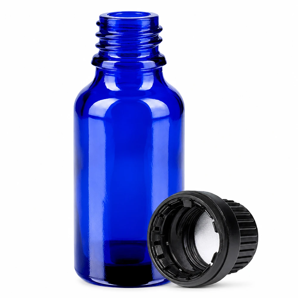 Flacon 20ml 11mm SV noir OV BlueLine UT18/20 Flacon compact de 20ml en verre bleu avec ouverture de 11mm pour pipettes et compte-gouttes