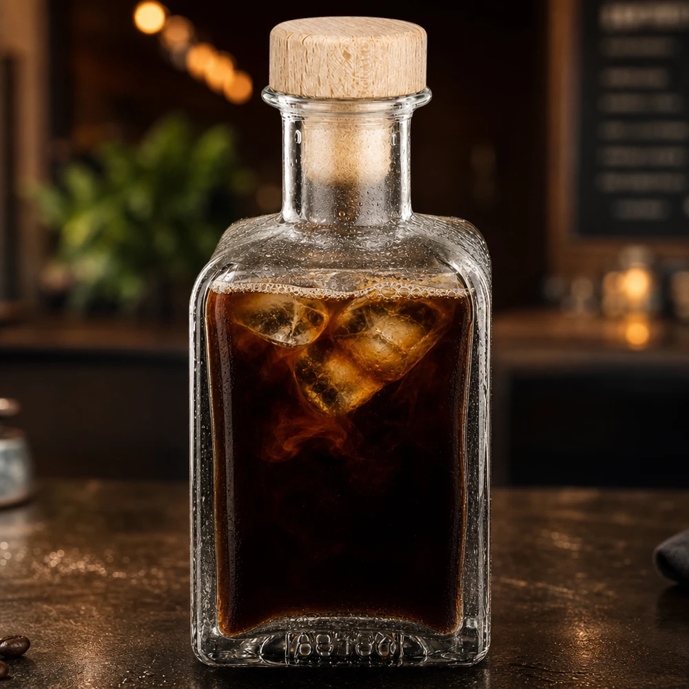 Flacon à pharmacie 200 ml « Clara » avec bouchon en bois UNiTWIST® Bouteille en verre Clara de 200 ml remplie de café Cold Brew Glaçons Bouchon en bois éclairage atmosphérique Café Ambiente